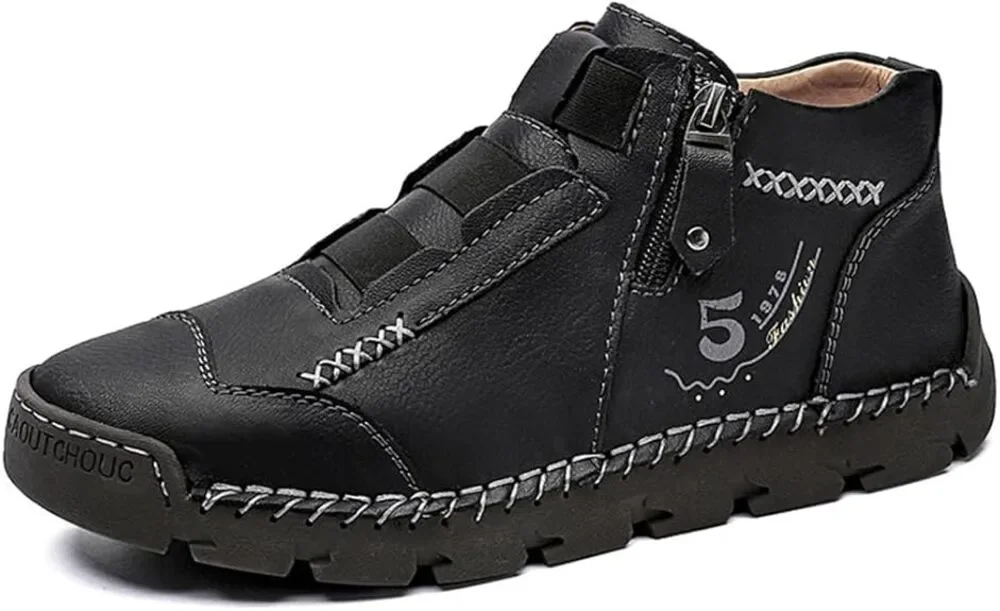 NWT ~ Men's Black Faux Leather Ankle Slip On Hiking Casual Boots ~ Size 10 (47)